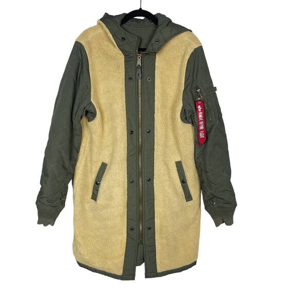Alpha Industries Mens M Olive Green M-47 Pile Liner Long Jacket Reversible Hood - Picture 2 of 16